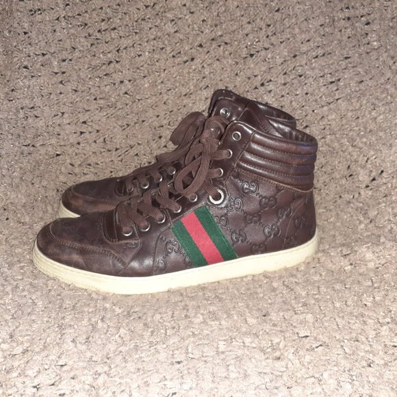 GUCCI-GG High Top 'Guccisima'-Brown Leather Hi-Top Sneakers-Sz 8.5-Excellent - Picture 2 of 11